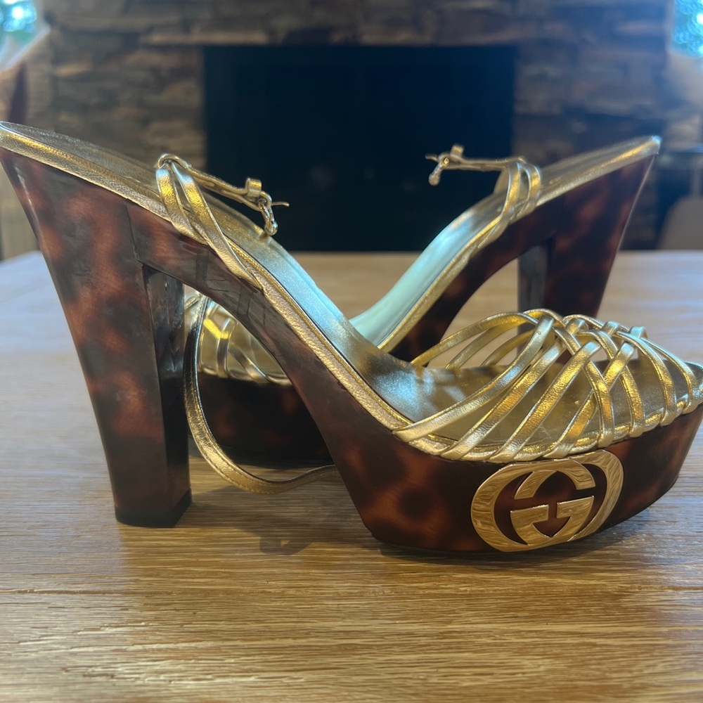 Gucci Gold and Brown Platform Heels